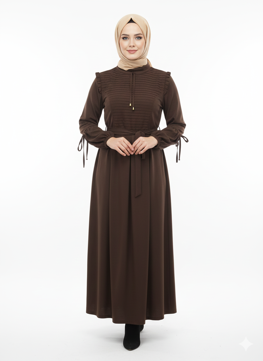 Asia Dress with a Front Belt - Brown