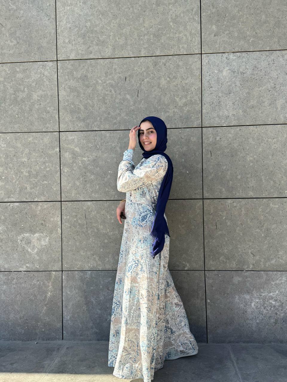 Marquise Soft Printed Dress With Belt Blue*Beige