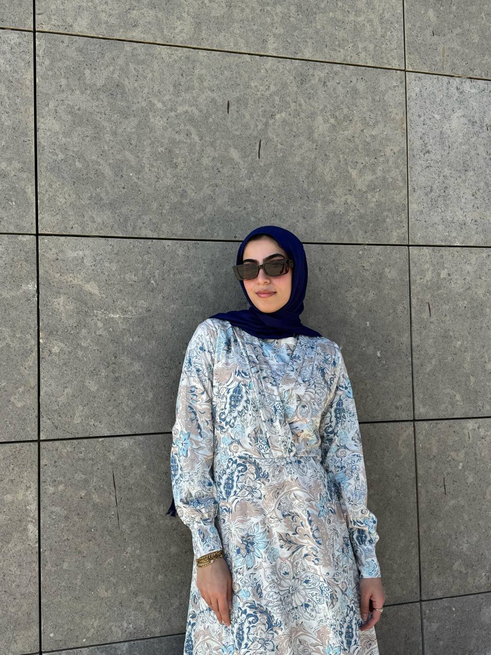Marquise Soft Printed Dress With Belt Blue*Beige