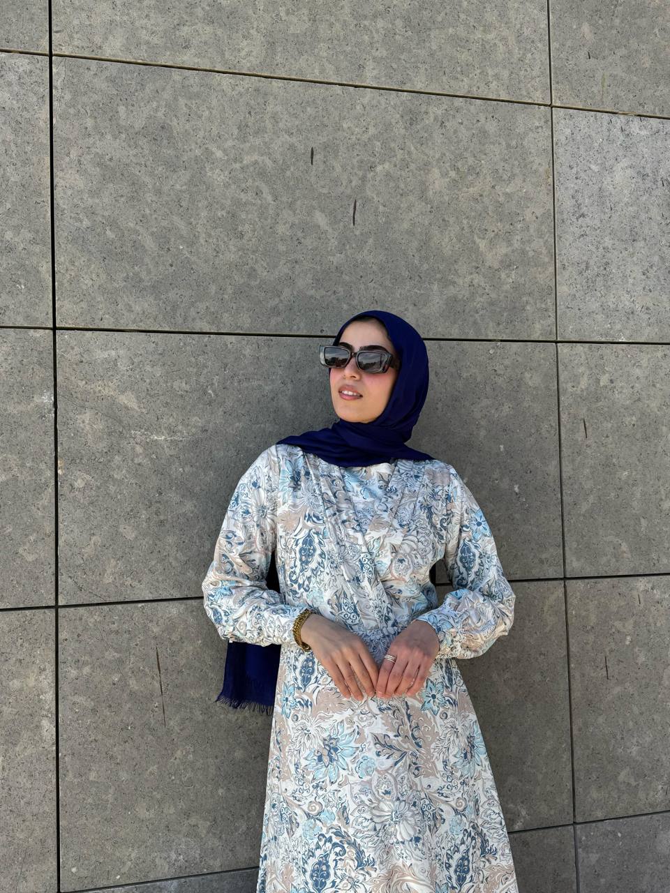 Marquise Soft Printed Dress With Belt Blue*Beige