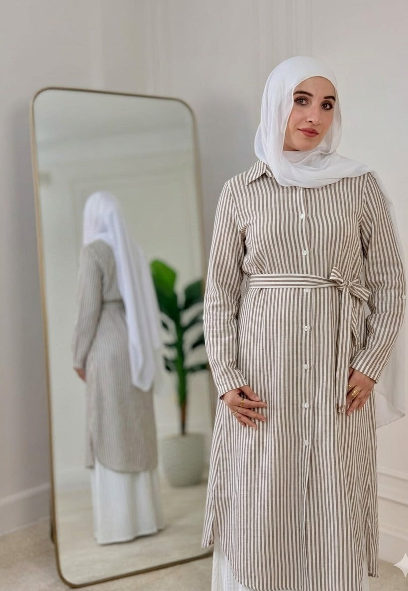 Yaqeen Striped Linen Belted Shirt -Brown
