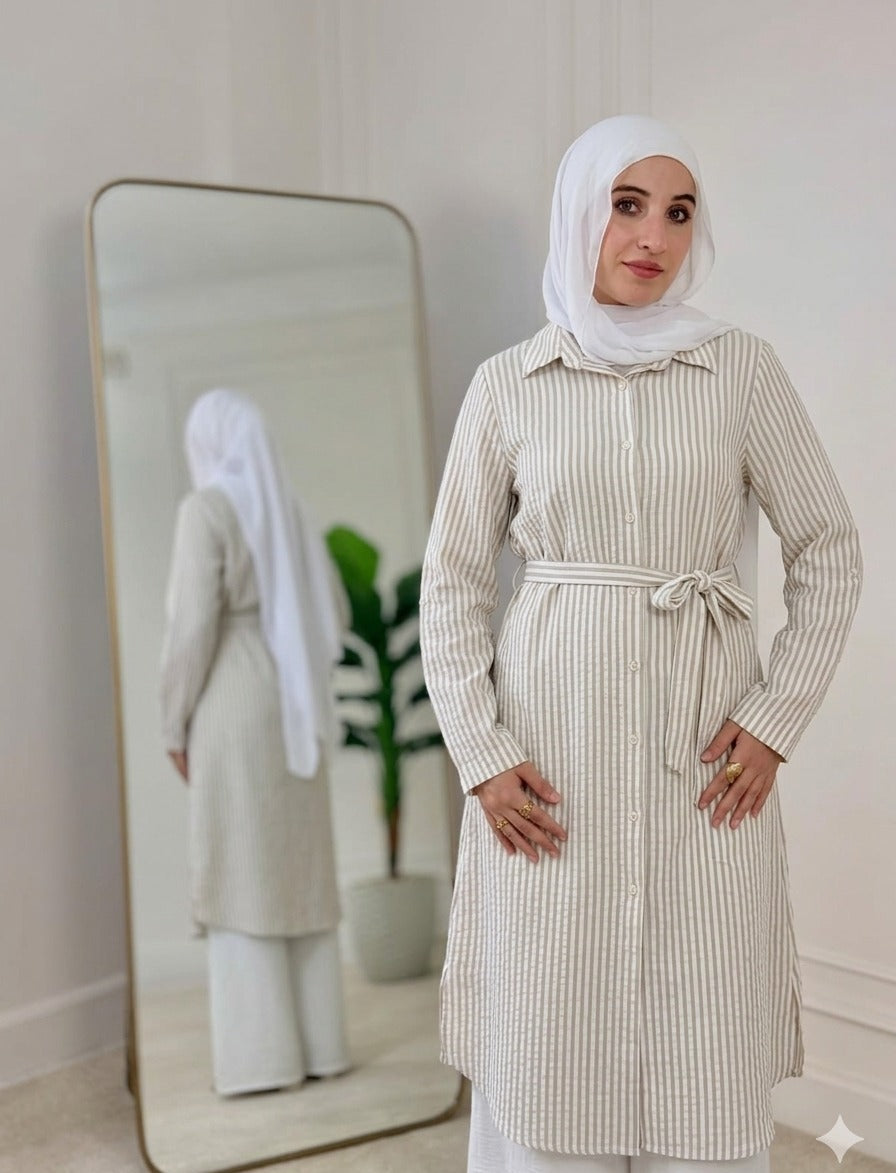 Yaqeen Striped Linen Belted Shirt -Beige