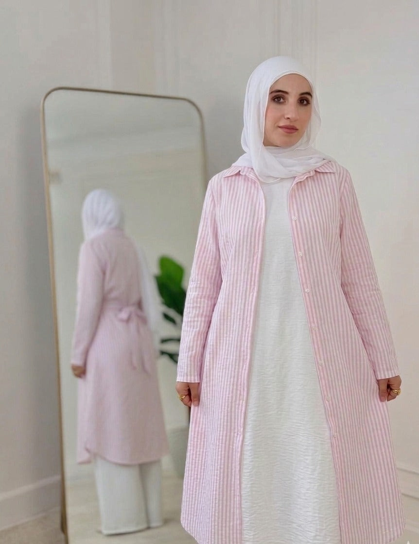 Yaqeen Striped Linen Belted Shirt -Pink