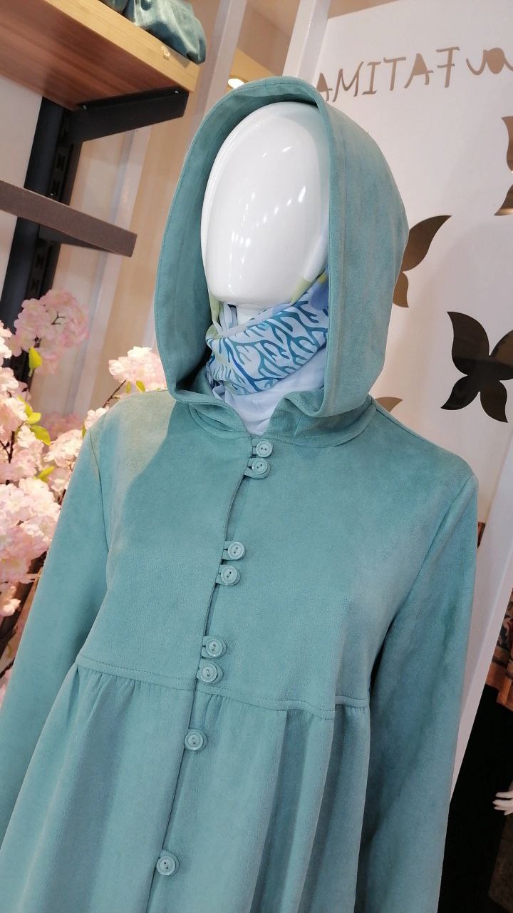 Hoodie Abaya Buttons Suede Mint 25477