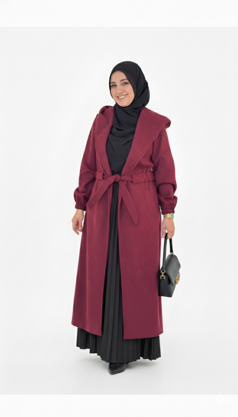 Melis Wool Felt Coat with hood - Dark Red