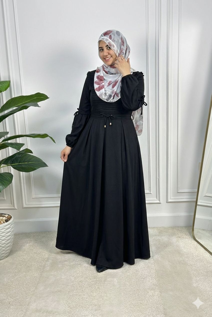 Asia Dress with a Front Belt - Black