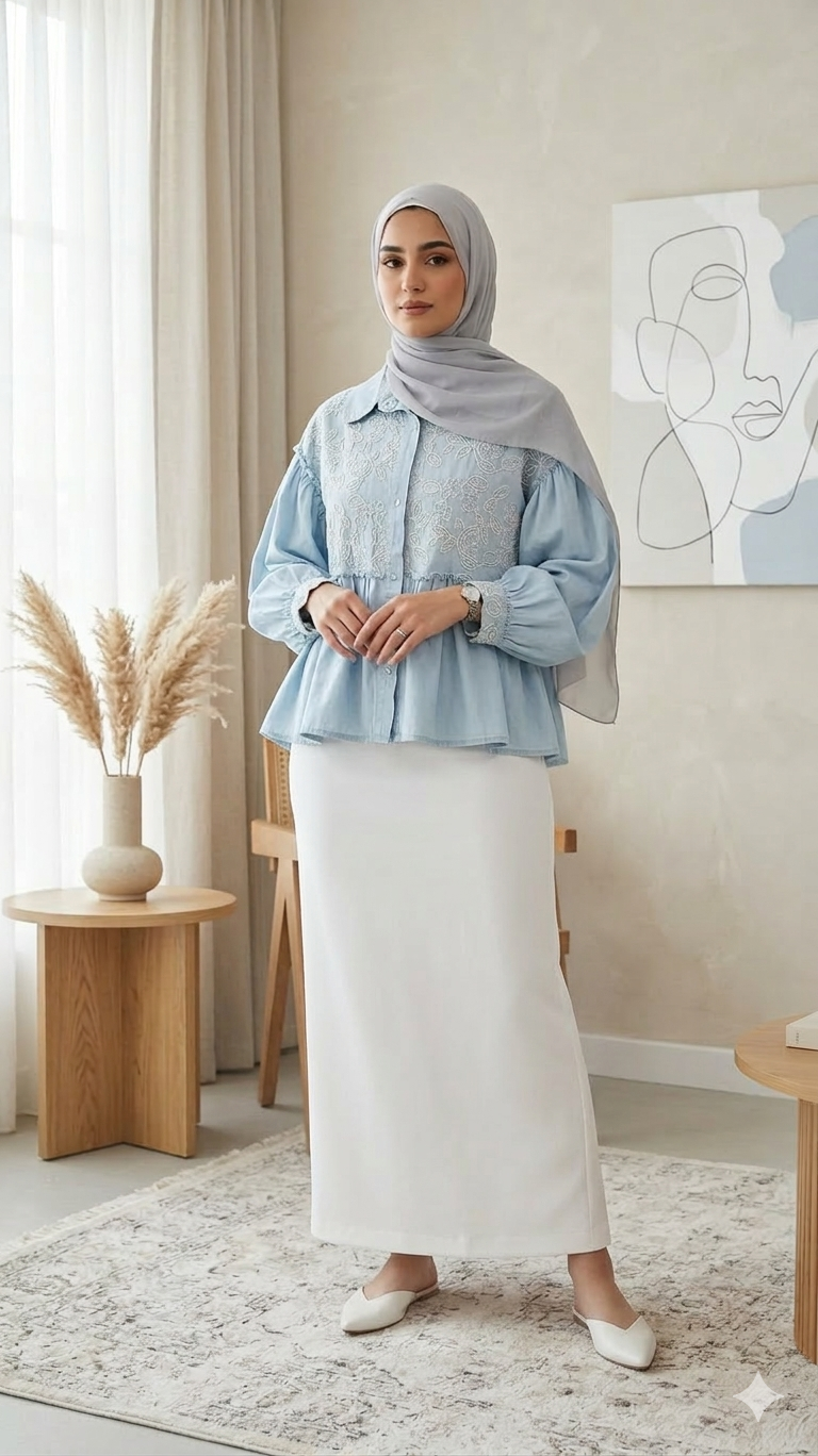 Embroidered Denim Blouse - white