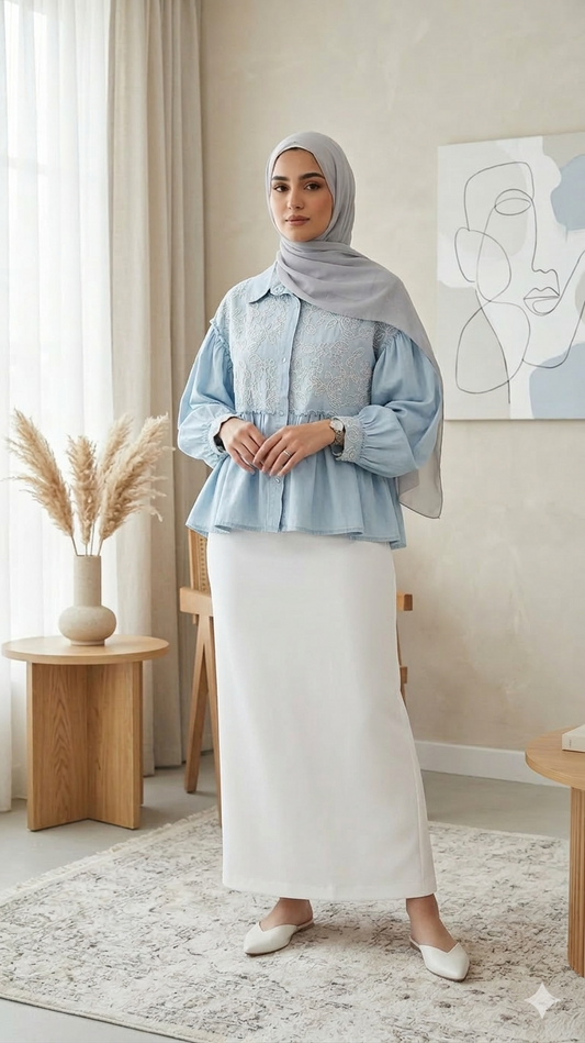 Embroidered Denim Blouse - white