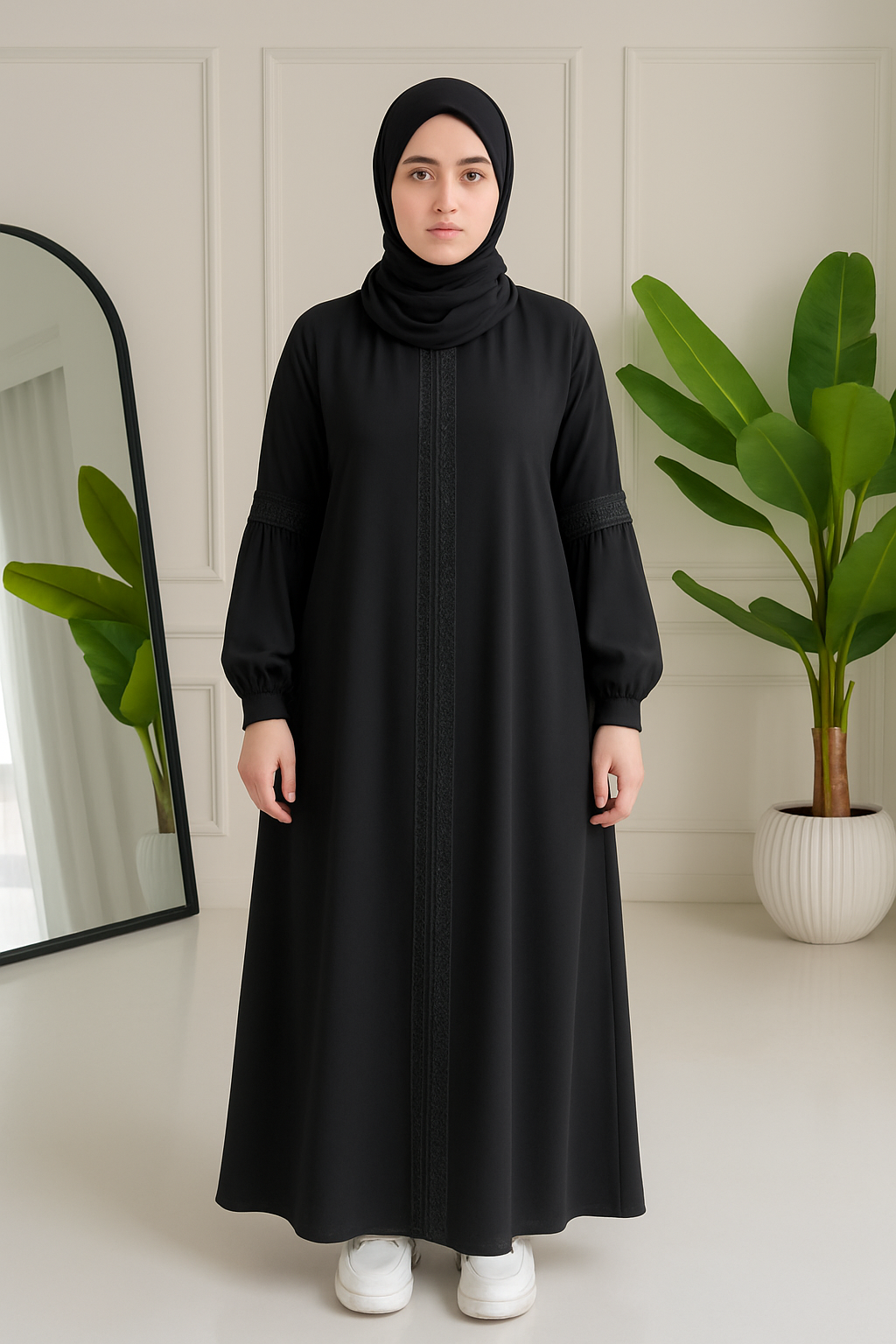 Noir Embroidered Abaya Silk Black With Scarf