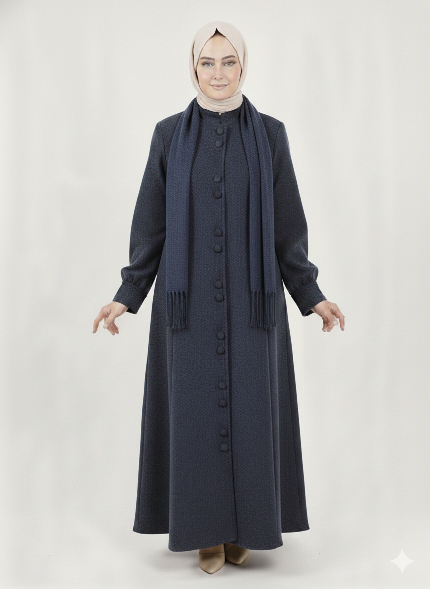 Buttoned Wool Dress - Navy Blue