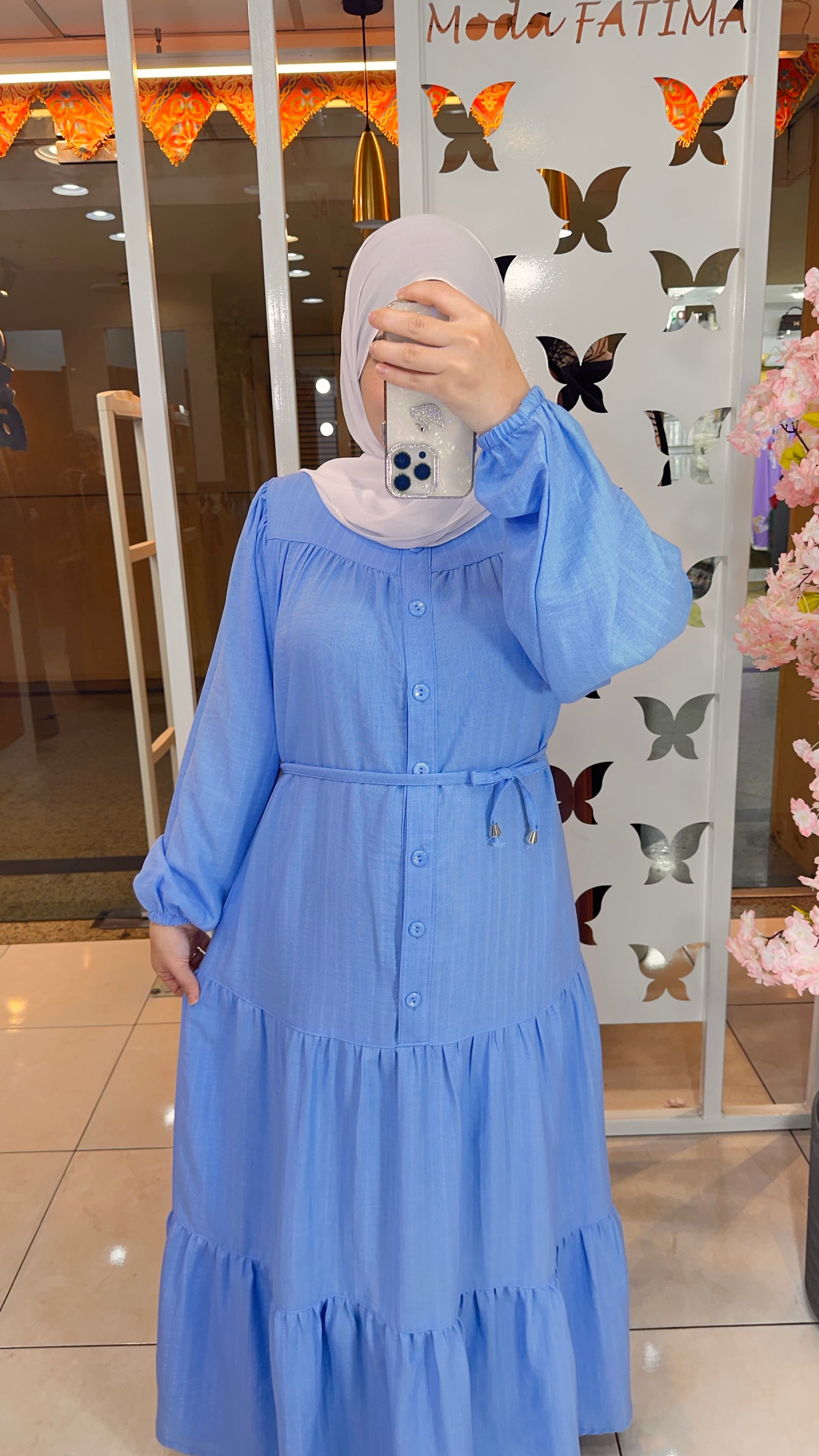 Crystal Linen Dress Light Blue Buttons