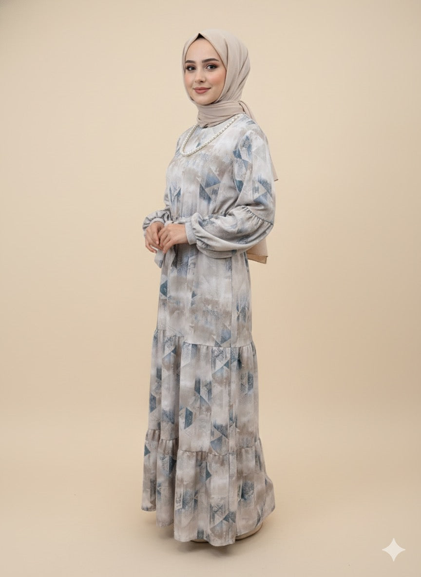 Dress Floral Tiered Suede Beige 25469