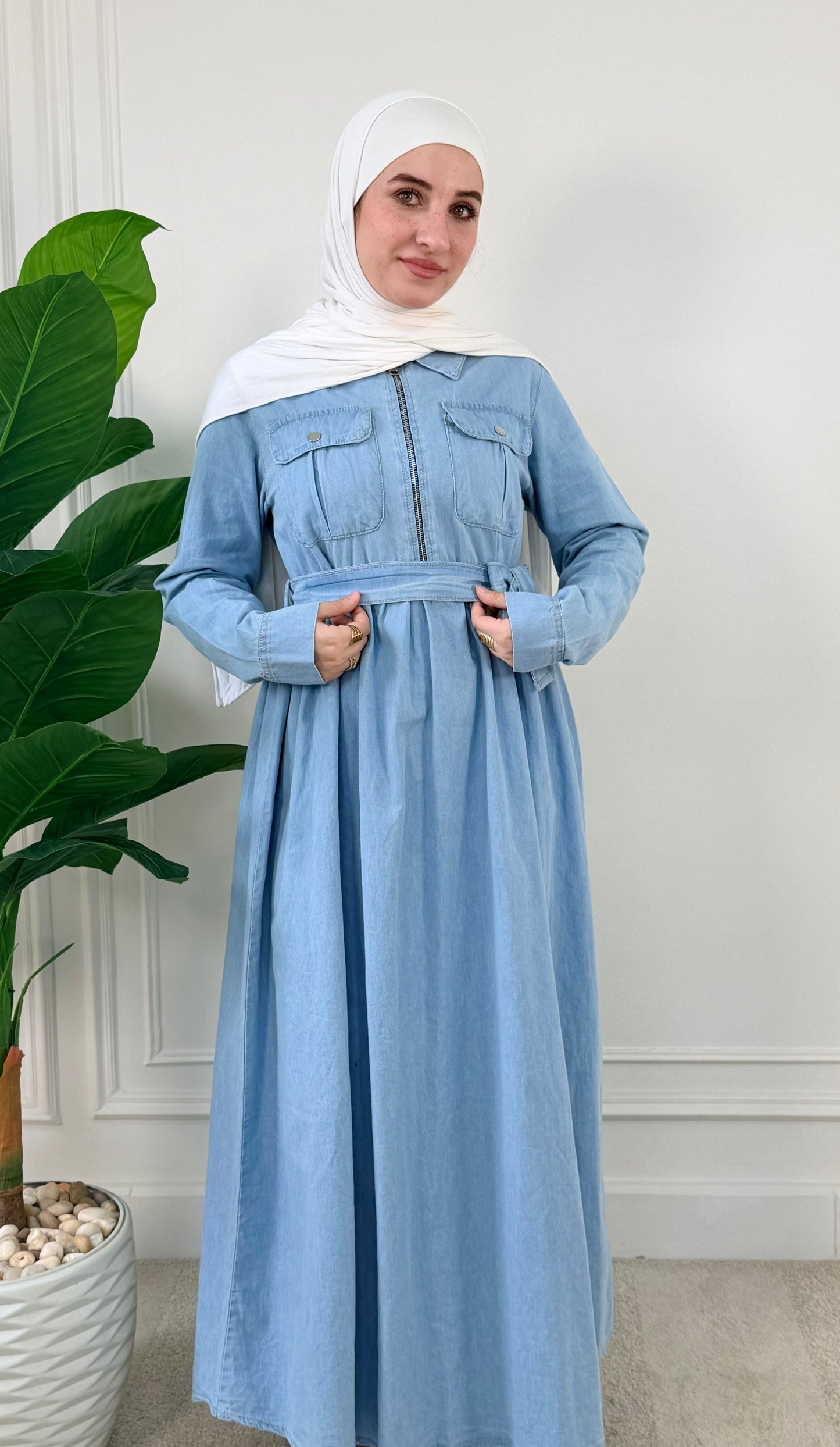 Sky Light Denim Dress with Zipper