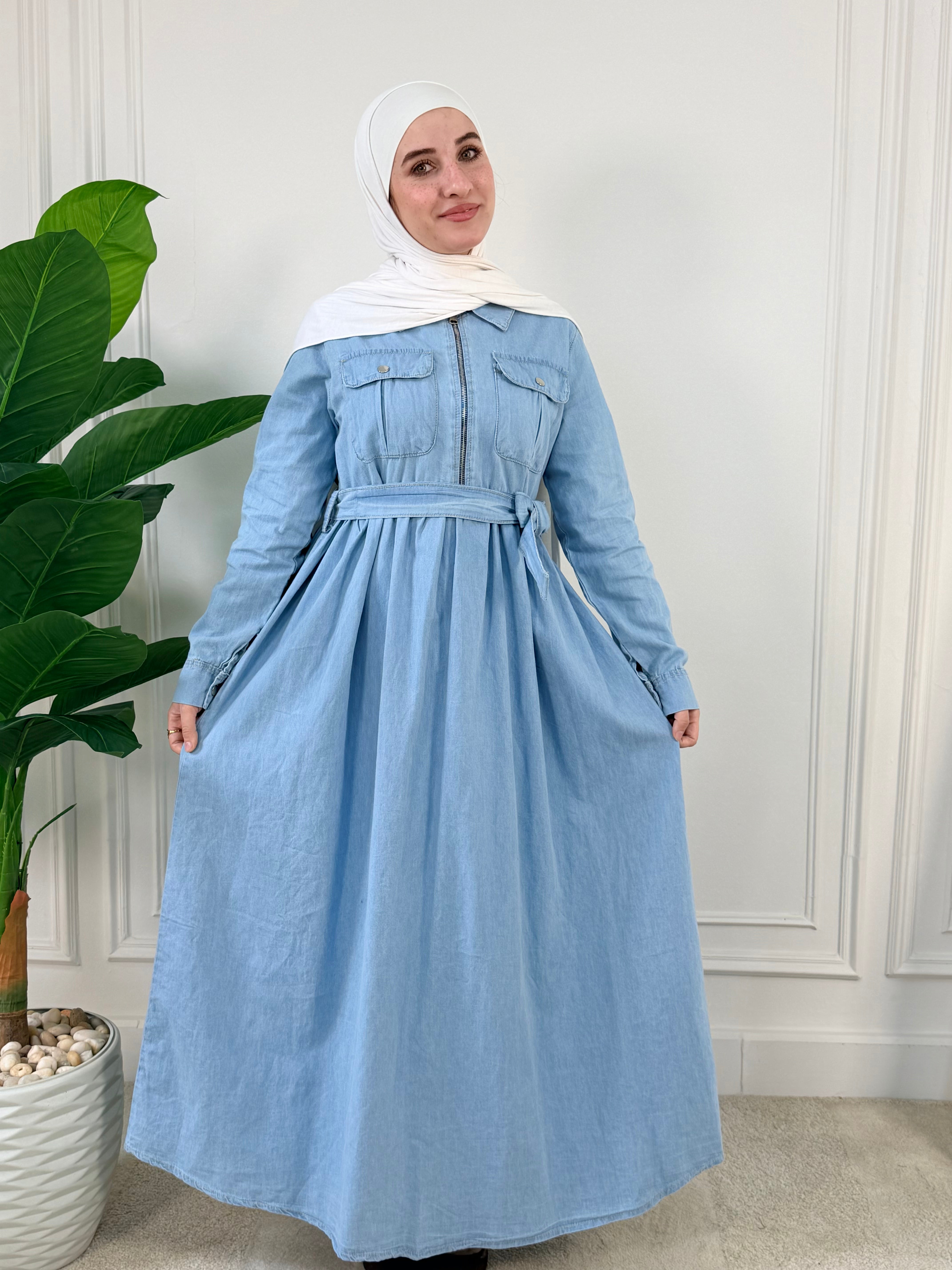 Sky Light Denim Dress with Zipper