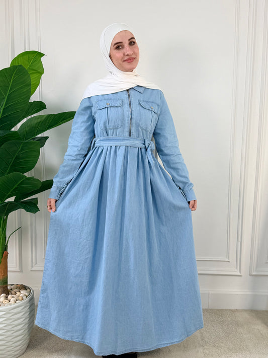 Sky Light Denim Dress with Zipper
