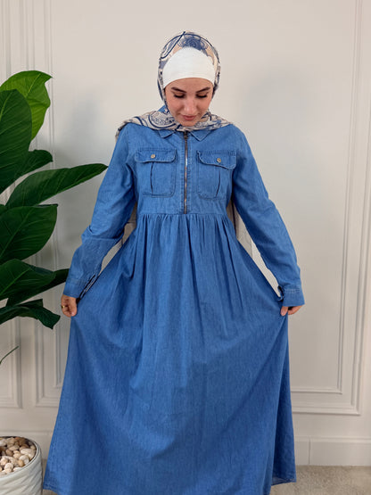 Sky dark Denim Dress with Zipper