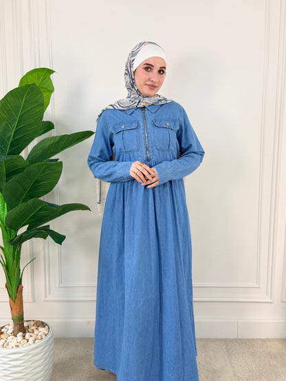 Sky dark Denim Dress with Zipper