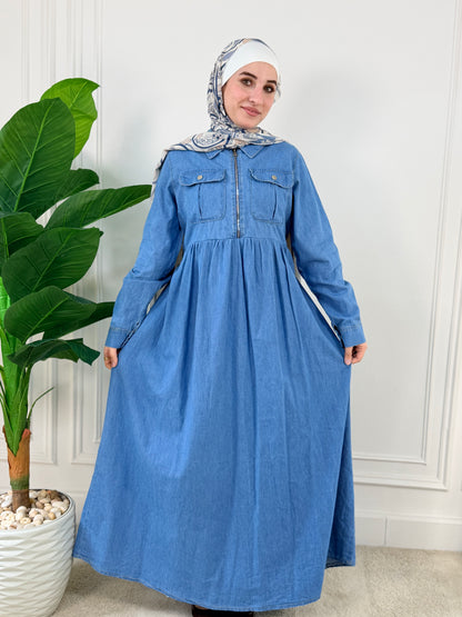 Sky dark Denim Dress with Zipper