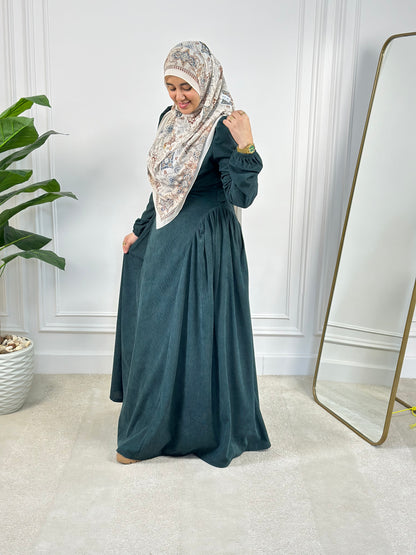 SMA Pleated Velvet A-Line Dress -Olive