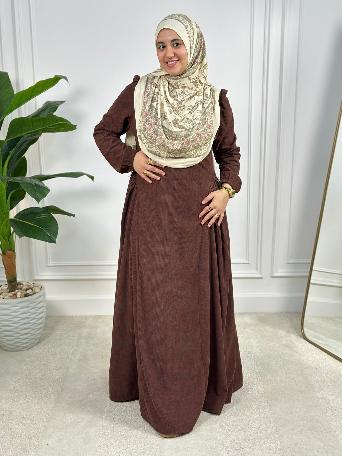 SMA Pleated Velvet A-Line Dress - Brown