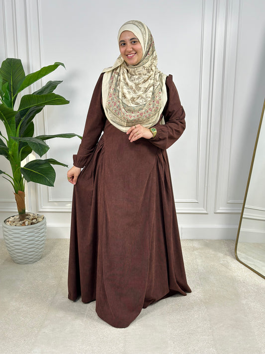 SMA Pleated Velvet A-Line Dress - Brown