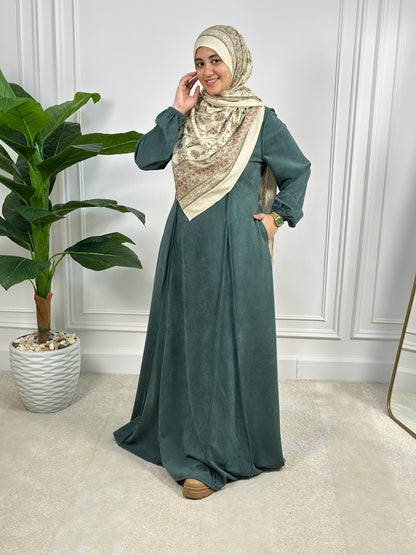 Kayan Ribbed Suede Empire Dress - Dusty Olive