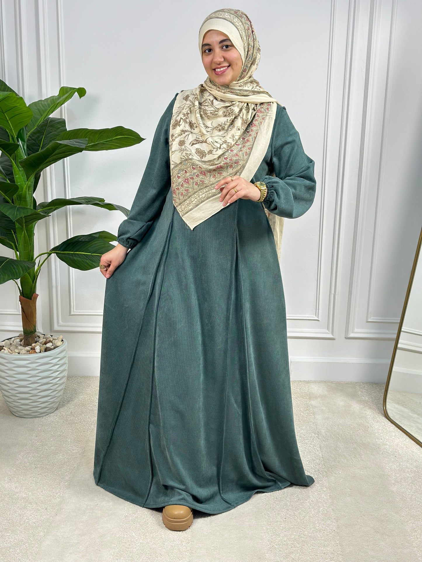 Kayan Ribbed Suede Empire Dress - Dusty Olive