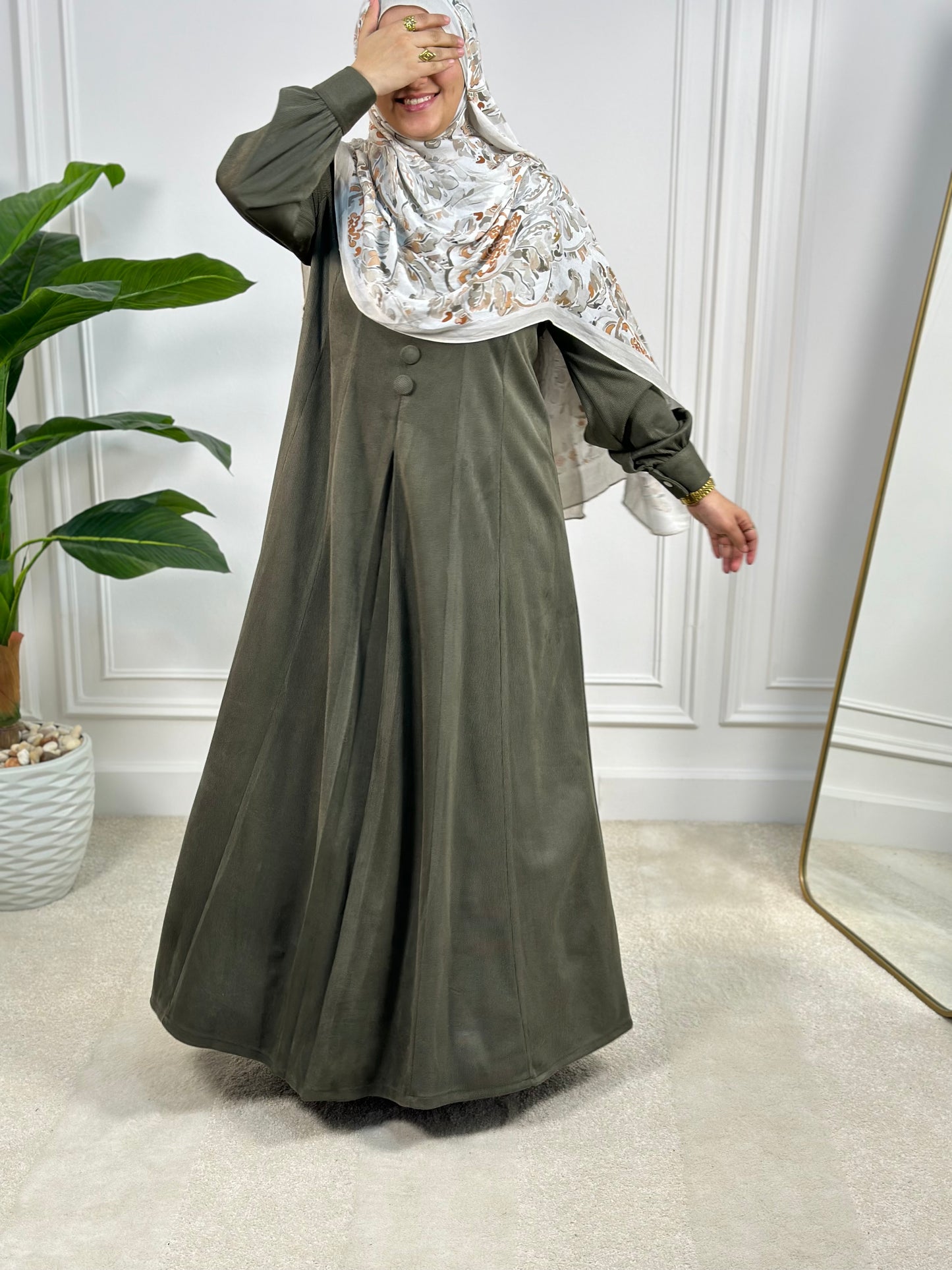 Sofia Ribbed Suede Abaya Dress - Dusty Olive