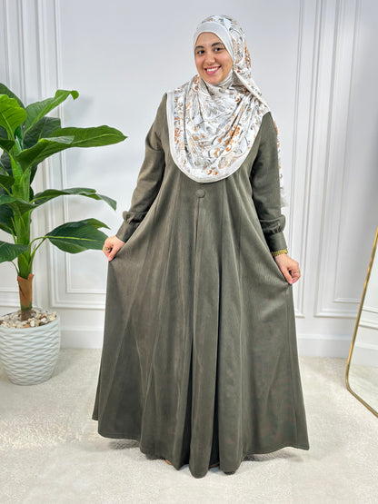 Sofia Ribbed Suede Abaya Dress - Dusty Olive