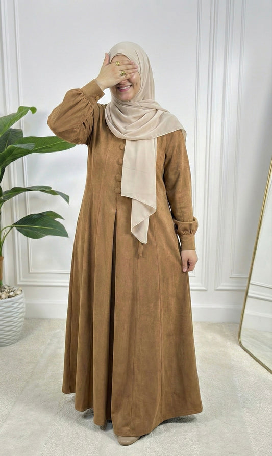 Sofia Ribbed Suede Abaya Dress -Brown