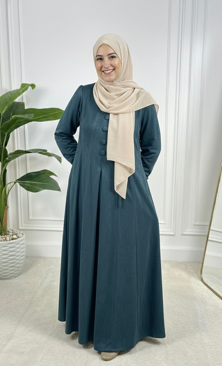 Sofia Ribbed Suede Abaya Dress - Petrol