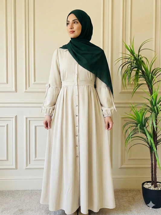 Laura Wool Dress with Bow- Beige