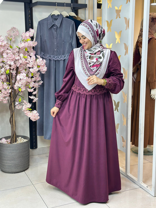 Floral Velvet Dress - Dark Red