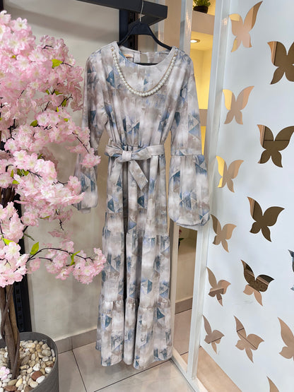 Dress Floral Tiered Suede Beige 25469