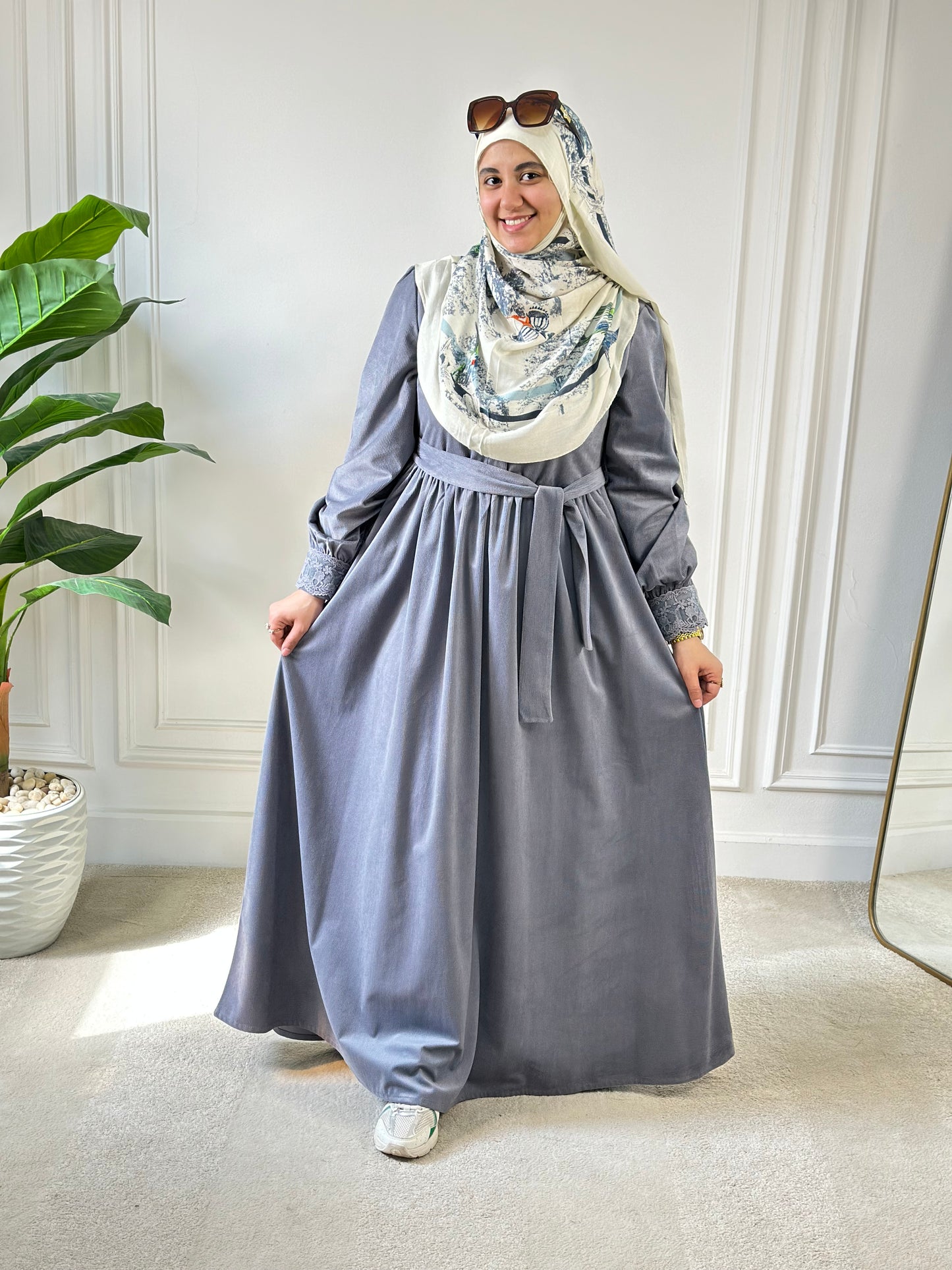 Floral Velvet Dress - Gray