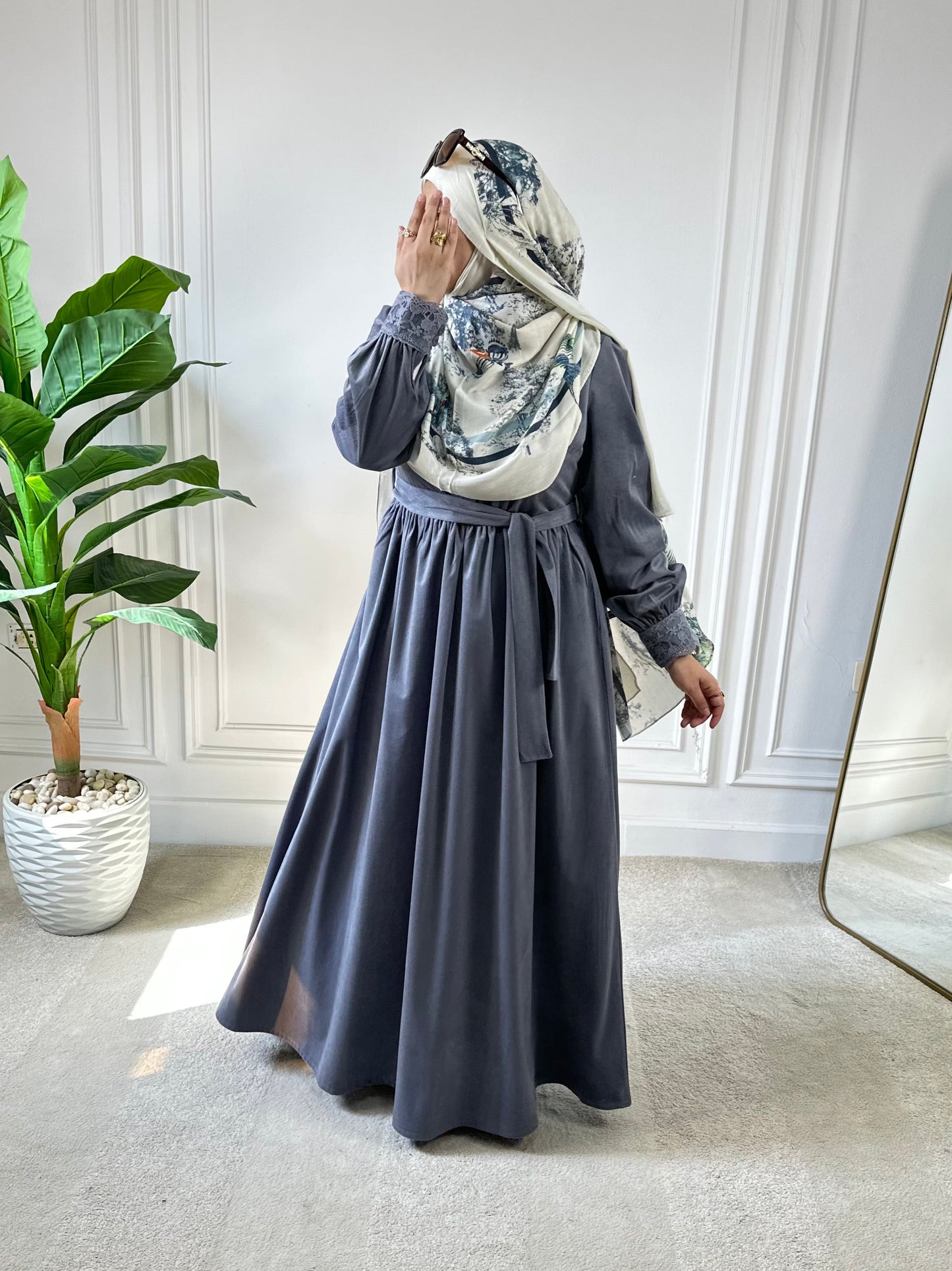 Floral Velvet Dress - Gray