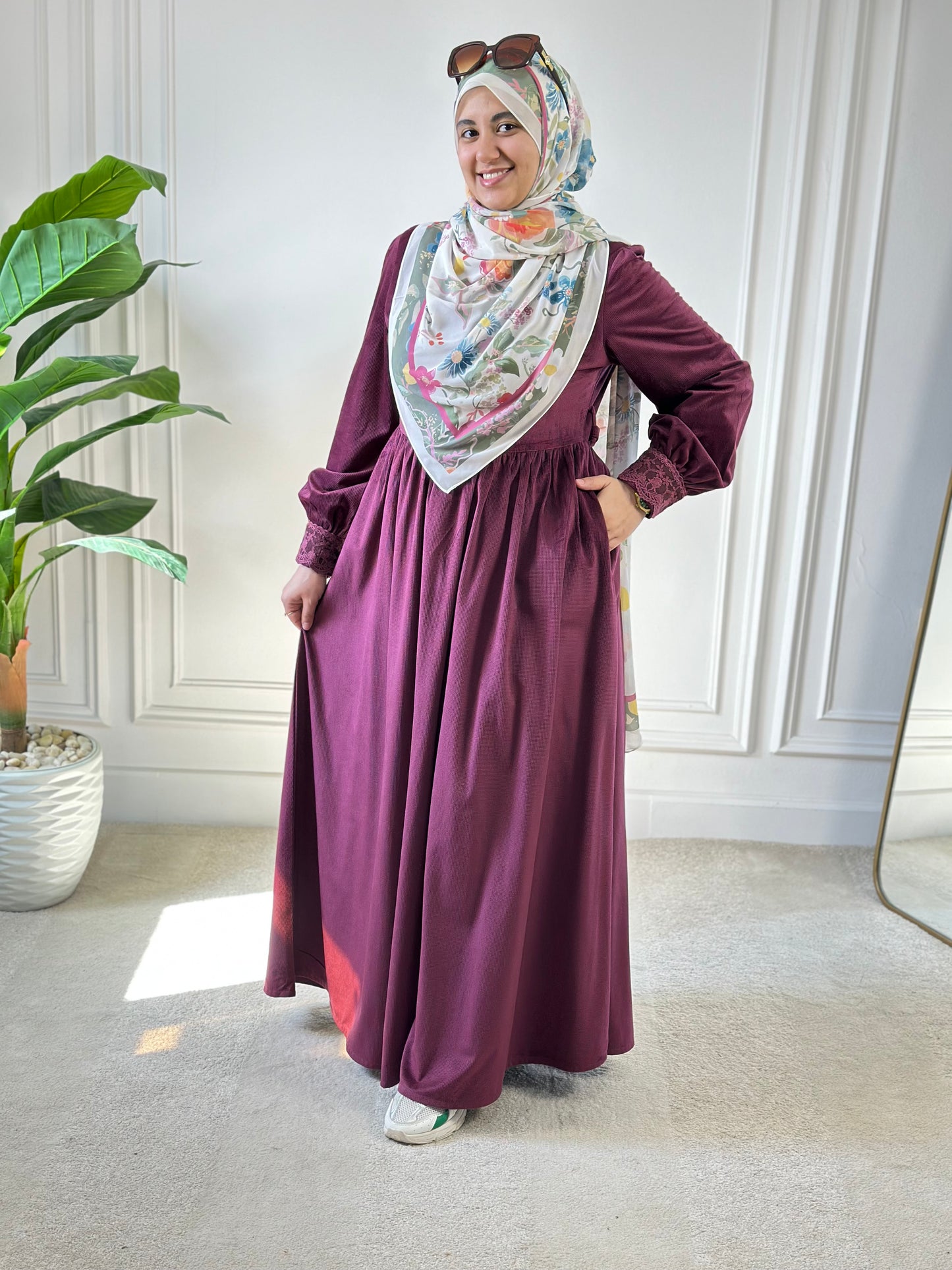 Floral Velvet Dress - Dark Red