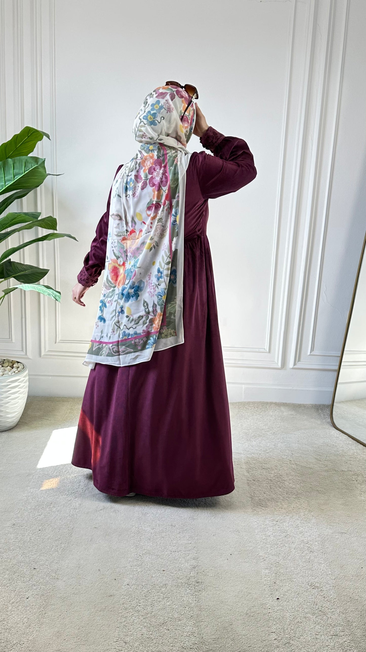 Floral Velvet Dress - Dark Red