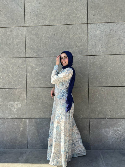 Marquise Soft Printed Dress With Belt Blue*Beige