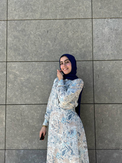 Marquise Soft Printed Dress With Belt Blue*Beige