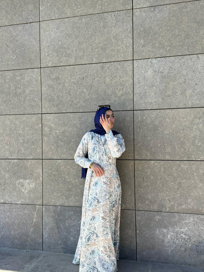 Marquise Soft Printed Dress With Belt Blue*Beige