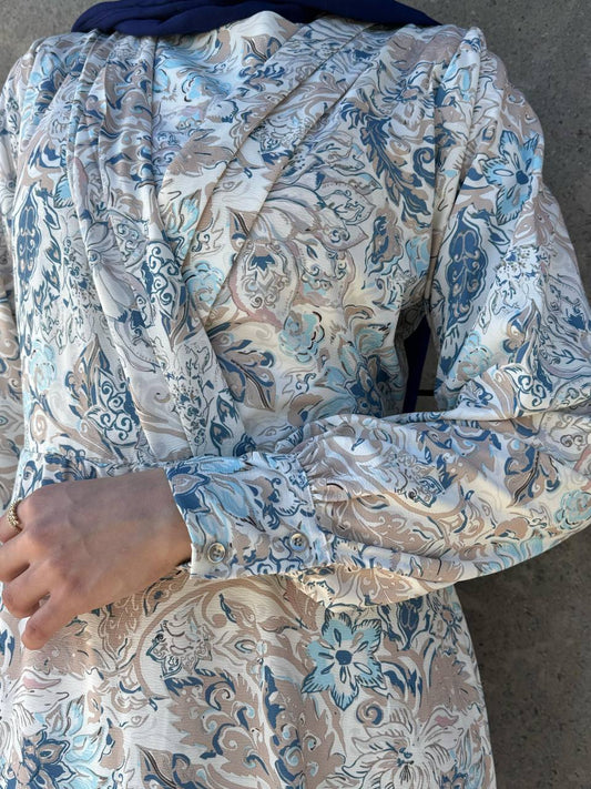 Marquise Soft Printed Dress With Belt Blue*Beige