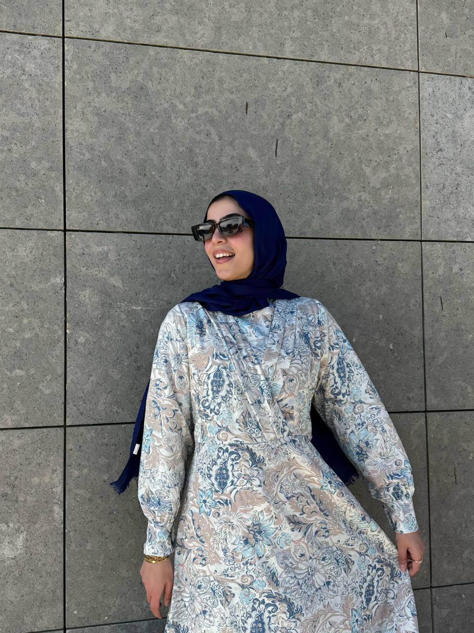 Marquise Soft Printed Dress With Belt Blue*Beige