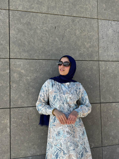 Marquise Soft Printed Dress With Belt Blue*Beige