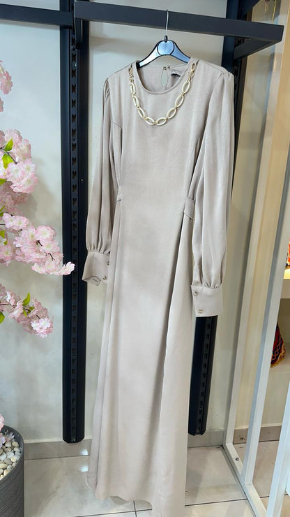 Shimmer Jacqurad Satin Dress Beige