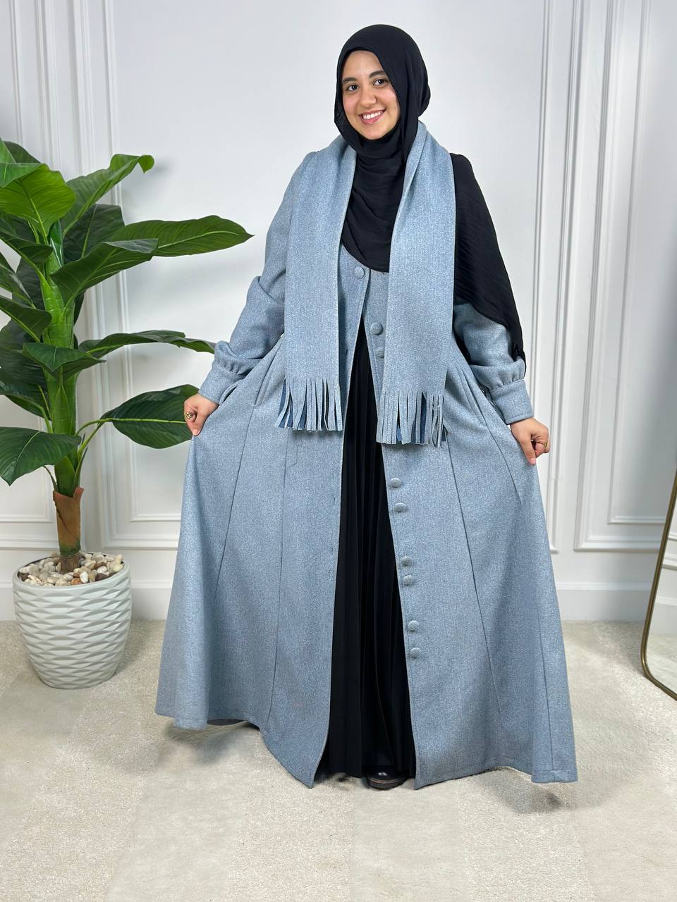 Buttoned Wool Dress - Light Blue