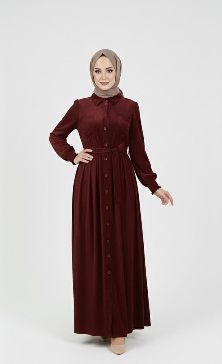 Zeina Buttons Dress - Dark Red