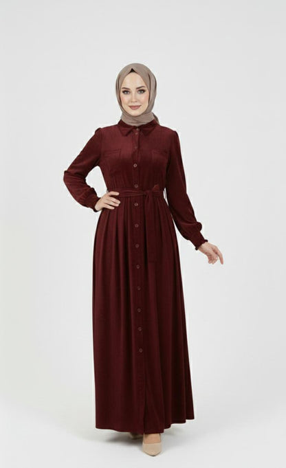 Zeina Buttons Dress - Dark Red