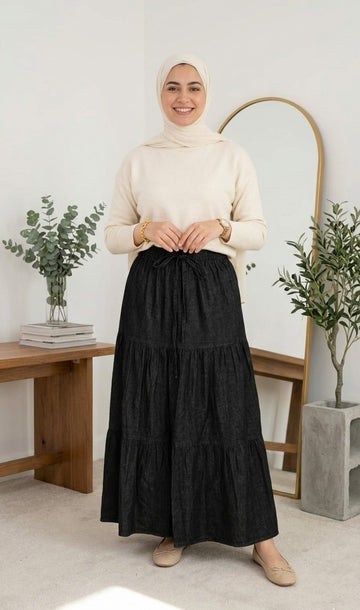 Tiered Denim Skirt -Black