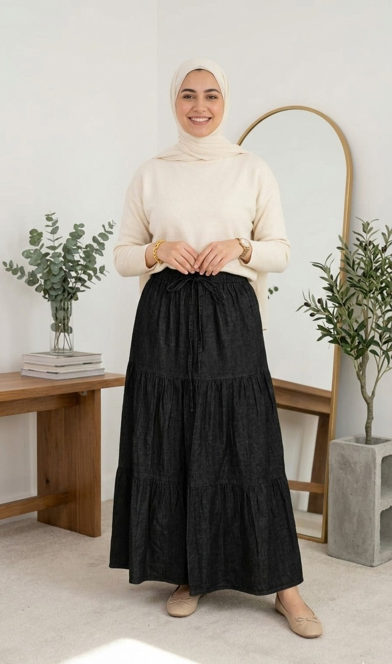 Tiered Denim Skirt -Black